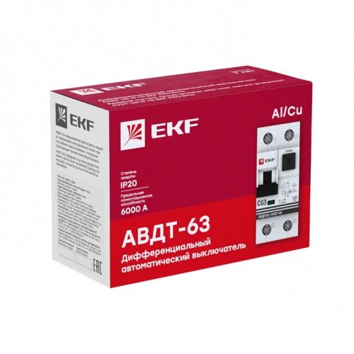Дифференциальный автоматический выключатель АВДТ-63 63А 30мА (характеристика С, электронный, тип А) 6кА PROxima EKF
