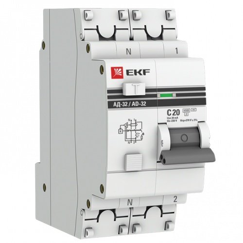 Дифференциальный автоматический выключатель АД-32 АВДТ 1П+N 20А С 4,5кА 30мА PROxima EKF