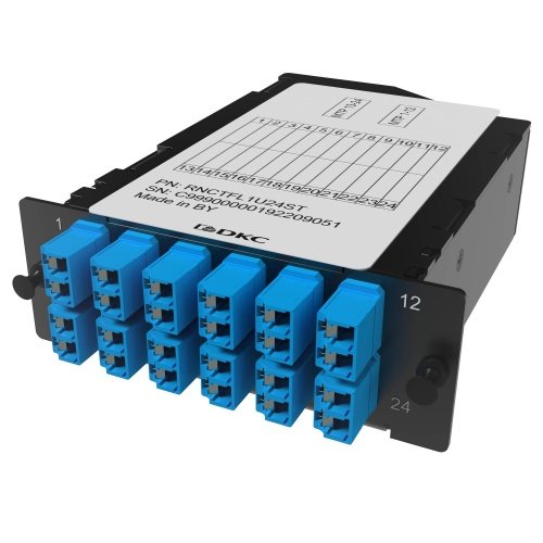 Претерминированная кассета 24ОВ 09/125 OS2, 2xMTP(12)f/12xLC-UPC Duplex (с интегрированными шторками), 1 HU DKC