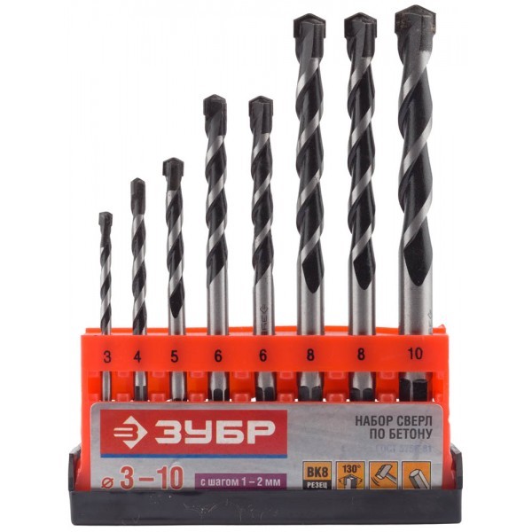 СУПЕР-6 8 шт: d 3-4-5-6-6-8-8-10 мм набор сверл по бетону с шестигранным хвостовиком ПРОФЕССИОНАЛ ЗУБР