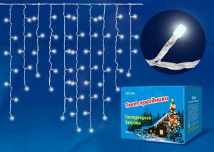 Гирлянда-бахрома 9W 200LED белый 3м/32нит. макс 70см, 8реж, прозр.провод Uniel