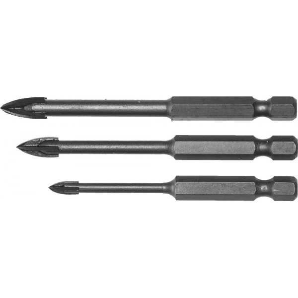 Набор сверл по кафелю, керамике, стеклу, с четырьмя режущими лезвиями, шестигранный хвостовик, 3 шт: 4, 6, 8 мм, "ЭКСПЕРТ" 29845-H3 ЗУБР