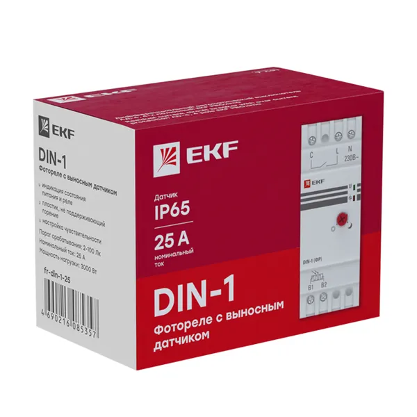 Фотореле с выносным датчиком DIN-1 (ФР) 2-100Лк 25А 3000Вт EKF Фотореле с выносным датчиком DIN-1 (ФР) 2-100Лк 25А 3000Вт EKF