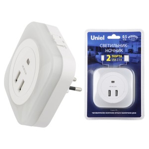 Светильник ночник 0.5W с USB-портами, 220V, фотосенсор, белый Uniel