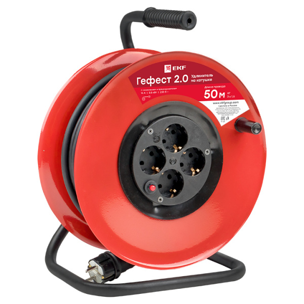 Удлинитель на катушке "Гефест 2,0" 4 гнезда 50м с заземлением и предохранителем КГ 3*1,5 16А/3,5кВт PROxima EKF