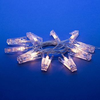 Гирлянда-нить (бат) прищепки 10 светодиодов тепл.бел. провод прозрач. 2м (2хAA) IP20 Uniel
