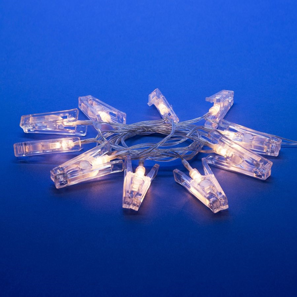 Гирлянда-нить (бат) прищепки 10 светодиодов тепл.бел. провод прозрач. 2м (2хAA) IP20 Uniel