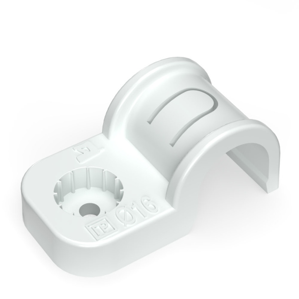 Крепеж-скоба пластиковая односторонняя для прямого монтажа атмосферостойкая белая в п/э d16 мм (50шт/750шт уп/кор) Промрукав