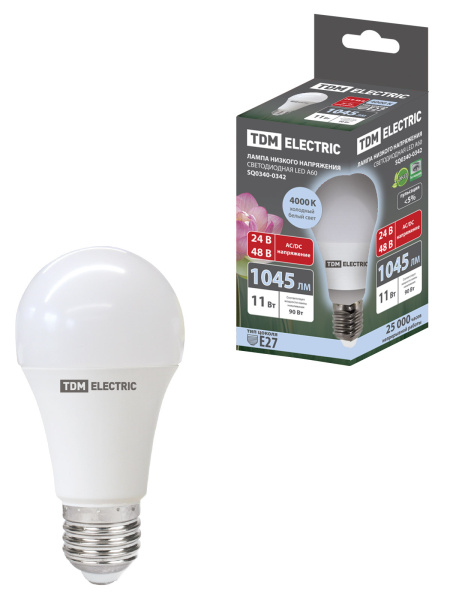 Лампа светодиодная низковольтная E27 МО A60 11 Вт, 24-48 В, 4000 К TDM