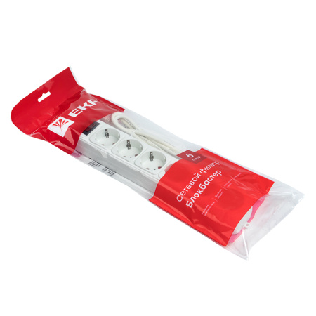 Сетевой фильтр 6*1,8м 10А/2,2кВт с выкл, c/з ПВС 3х0,75 Блокбастер PROxima EKF