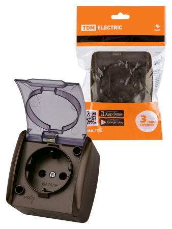 Розетка 2П+3 открытой установки IP54 16А с прозрачной крышкой шоколад "Селигер" TDM