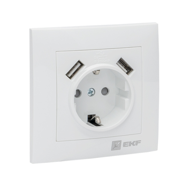Валенсия Розетка 1-местная с/з 16А белая с защ, штор, с 2 USB 2,1А EKF