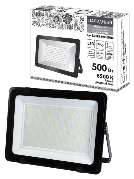 Прожектор светодиодный СДО-04-500Н 500 Вт, 6500 К, IP65, черный, Народный TDM