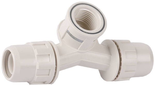 Тройник "ШиреФит" переходной со смещением "штуцер с гайкой - внутренняя резьба - штуцер с гайкой", 20мм-1/2"-20мм ЗУБР