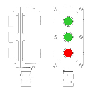 Взрывозащ. пост упр. из алюминия LCSD-03-B-MB-P1G(11)x1-P1G(11)x1-P1R(11)x1-PBMB-KA2MHK 1Ex d IIB T5 Gb Ex tb IIIC T95°С Db IP66