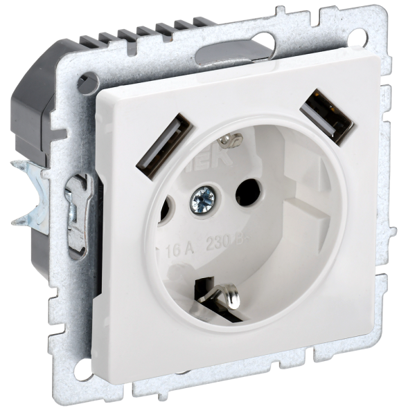 BRITE Механизм розетки СУ 1 м. с зазем. с защитными шторками с USB A+A 5В 2,1А 16А белый IP20 IEK