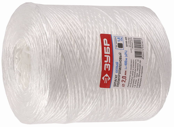 Шпагат полипропиленовый, d=2,0 мм, 400м, белый, 22 кгс, 1,6 ктекс ЗУБР Шпагат полипропиленовый, d=2,0 мм, 400м, белый, 22 кгс, 1,6 ктекс ЗУБР