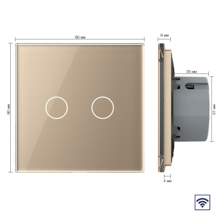 Сенсорный радиоуправляемый выключатель 2 клавиши 1 пост Золотой Livolo