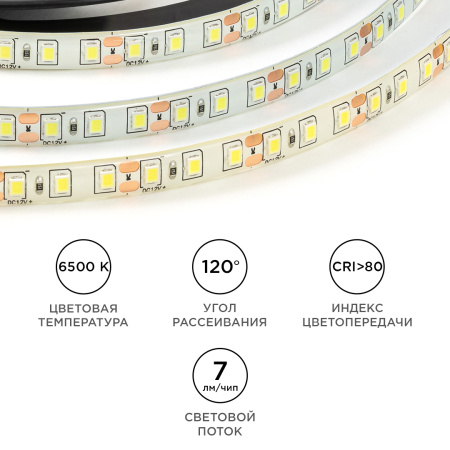 LSE-261 Светодиодная лента 12В, 9,6Вт/м, 840лм/м, 6500К, smd2835, 120д/м, IP65, ширина подложки 8мм, 5м, х/б OGM