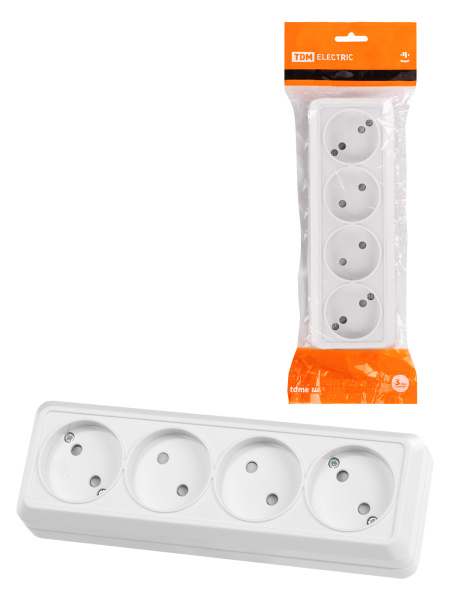 Розетка 4-х местная горизонтальная 2П открытой установки IP20 10A с з/ш белая "Ладога" TDM Розетка 4-х местная горизонтальная 2П открытой установки IP20 10A с з/ш белая "Ладога" TDM