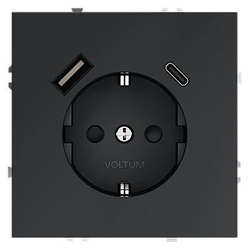 Розетка встраиваемая Voltum S70 с заземлением и защитными шторками, 16А, с USB, A+C, (графит)