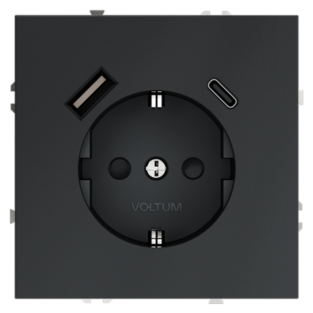 Розетка встраиваемая Voltum S70 с заземлением и защитными шторками, 16А, с USB, A+C, (графит)