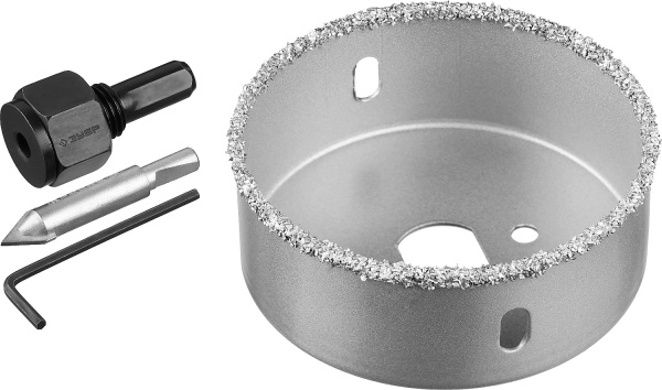 Коронка-чашка "Профессионал" c карбид-вольфрамовым нанесением, 76 мм, высота 25 мм, в сборе с державкой и сверлом ЗУБР