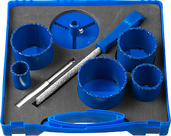 Набор кольцевых коронок "Профессионал" c карбид-вольфрамовым нанесением, 8 предм. в кейсе: коронки d 33, 53, 67, 73, 83 мм, основание, сверло ЗУБР