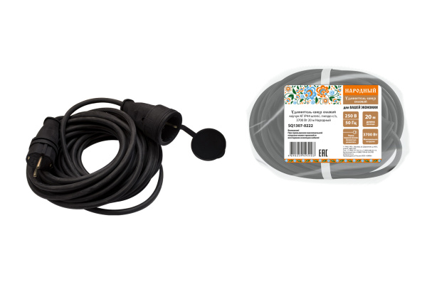 Удлинитель-шнур силовой каучук КГ IP44 штепс. гнездо с/з, 3700 Вт 20м Народный TDM