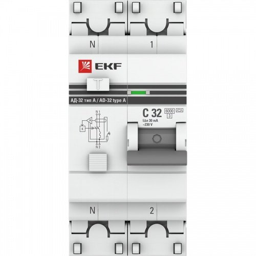Дифференциальный автоматический выключатель АД-32 1П+N 32А 30мА (хар, С, А, электронный, защита 270В) 6кА PROxima EKF фото 2