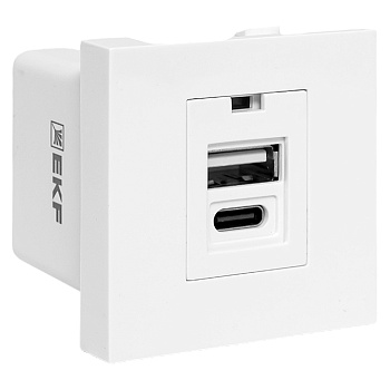 Розетка USB A+C, 2,1А, 2 гнезда, без индикатора, белая EKF Розетка USB A+C, 2,1А, 2 гнезда, без индикатора, белая EKF