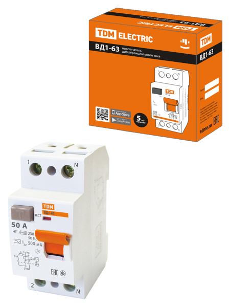 Устройство защитного отключения УЗО ВД1-63 2П 50А 500мА TDM