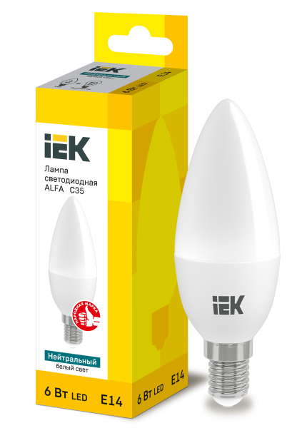 Лампа светодиодная ALFA C35 свеча 6Вт 230В 4000К E14 IEK
