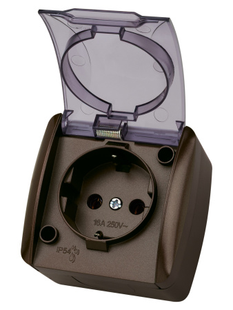 Розетка 2П+3 открытой установки IP54 16А с прозрачной крышкой шоколад "Селигер" TDM