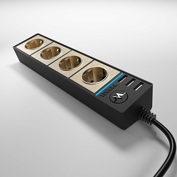 Розеточный блок 4-х местный + 3 USB черный/шампань рифленый Werkel