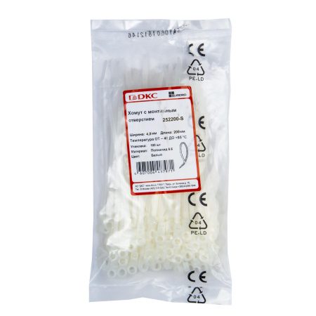 Хомут P6.6 с монтажным отверстием, белый, 4.8x200 DKC