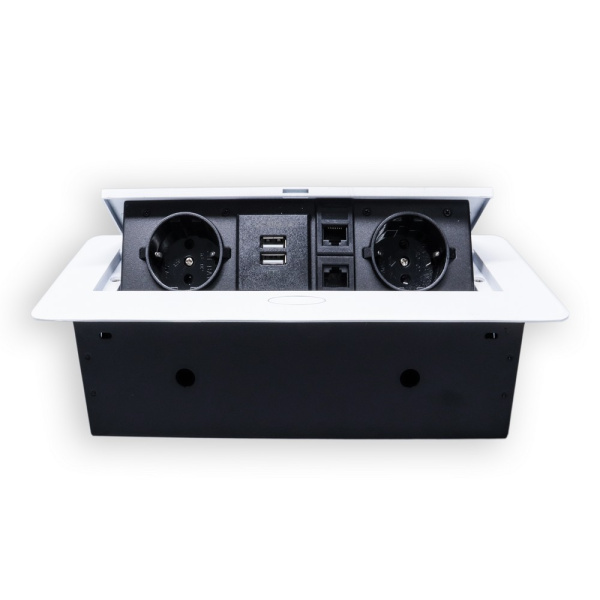 Розетка горизонтальная выдвижная 2 Euro 16А, 2 USB A с блоком 5В/2.1А, 2 RJ45 RocketSocket, проводка, цвет белый Розетка горизонтальная выдвижная 2 Euro 16А, 2 USB A с блоком 5В/2.1А, 2 RJ45 RocketSocket, проводка, цвет белый