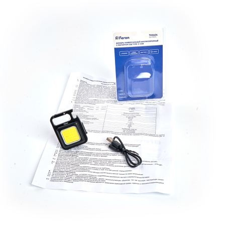 Фонарь универсальный аккумуляторный с магнитом USB type-C COB, пластик/алюминий, TH2404 Feron 