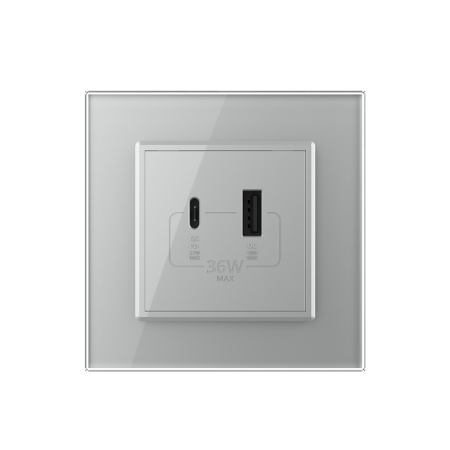 Розетка USB type C+A с блоком питания 36W Livolo 1 пост Серая VL-C7VUA18W.UC18W-2IP