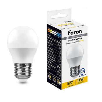 Лампа светодиодная диммируемая, (11W) 230V E27 2700K G45, LB-751 Feron