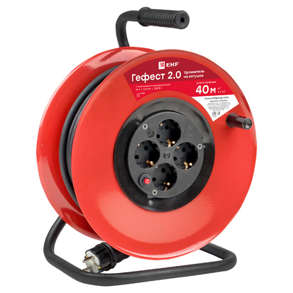Удлинитель на катушке "Гефест 2,0" 4 гнезда 40м с заземлением и предохранителем КГ 3*1,5 16А/3,5кВт PROxima EKF