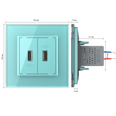 Розетка USB с блоком 5В 2.1А двойная Зеленая Livolo