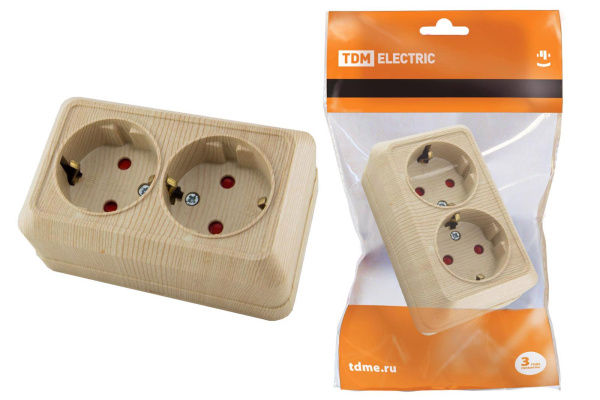 Розетка двойная 2П+З открытой установки с з/ш IP20 16А, сосна "Ладога" TDM Розетка двойная 2П+З открытой установки с з/ш IP20 16А, сосна "Ладога" TDM