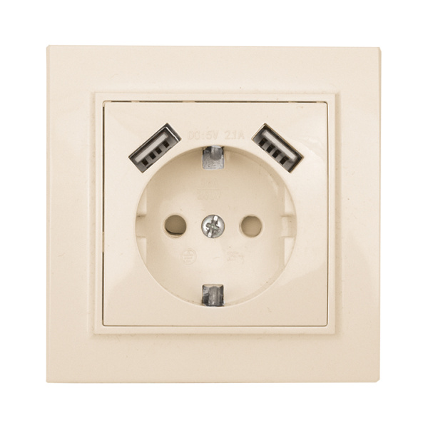 Минск Розетка 1-местная СП с/з 16А бежевая с защ, штор, с 2 USB 2,1А EKF