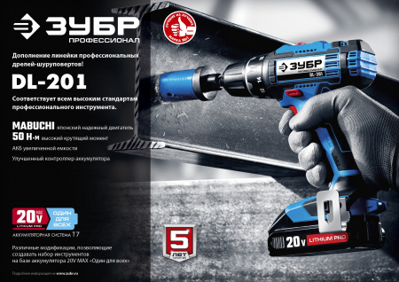 20В, 2 АКБ (2Ач), в кейсе, дрель-шуруповерт, Профессионал. DL-201-22 ЗУБР