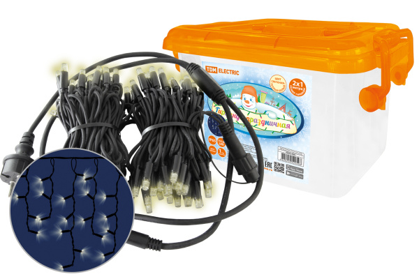 Гирлянда светодиодная "Бахрома" 2х1м, 152LED, 2700К, черный шнур, посл. подкл, IP65, 250 В, TDM Гирлянда светодиодная "Бахрома" 2х1м, 152LED, 2700К, черный шнур, посл. подкл, IP65, 250 В, TDM