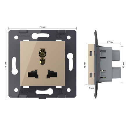 Розетка универсальная с з/з с защитными шторками 16A, цвет золотой (механизм) Livolo