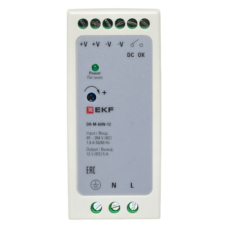 Блок питания на DIN рейку 60Вт, Uвх ~ 220 В AC m, Uвых - 12 В DC постоянного тока EKF