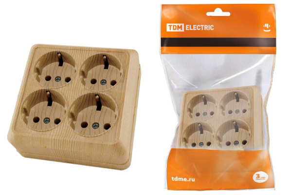 Розетка четырехместная 2П+3 открытой установки IP20 16A сосна "Ладога" TDM Розетка четырехместная 2П+3 открытой установки IP20 16A сосна "Ладога" TDM