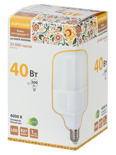 Лампа светодиодная T-40 Вт-230 В-4000 К–E27 (114x183 мм) Народная TDM